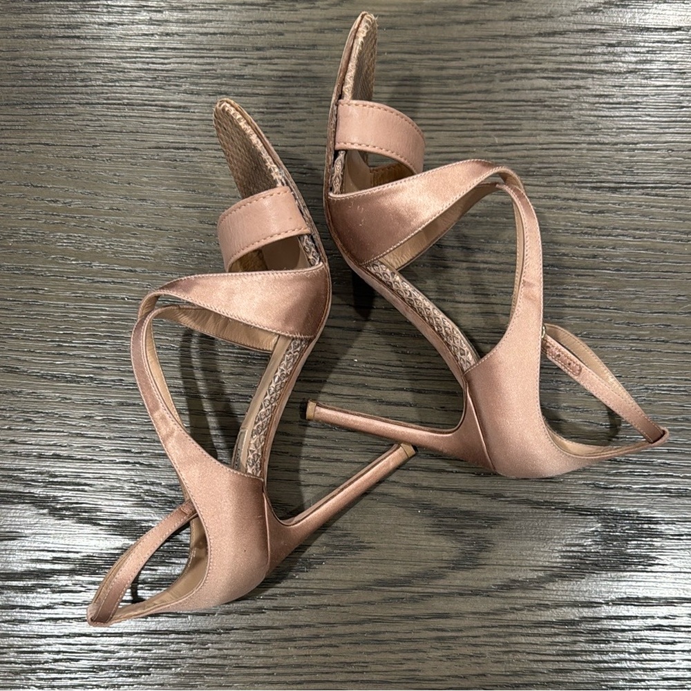 Valentino Garavani Satin Strappy Snake Skin Pattern Pink/Cream Strappy Heels - Picture 6 of 10